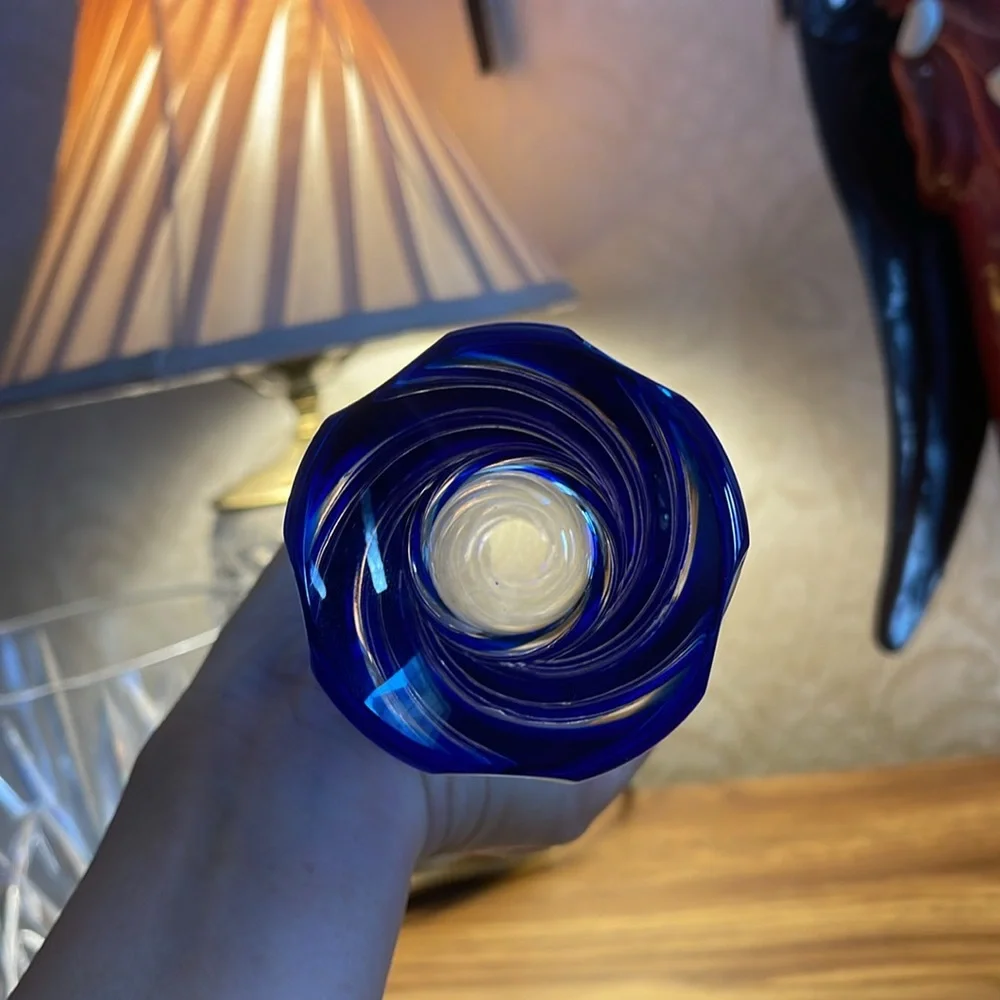 Vintage Bohemia hand cut lead crystal blue swirl vase